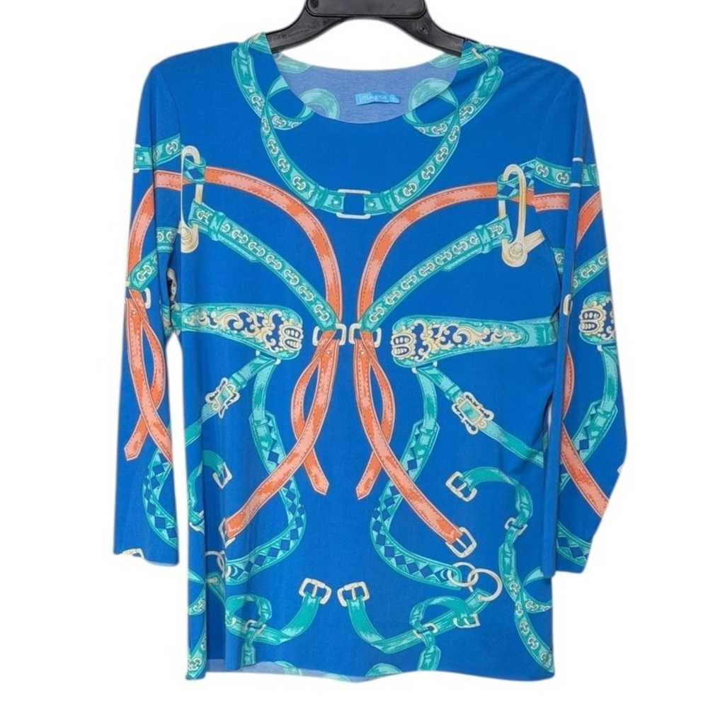 J. McLaughlin Long Sleeve Equestrian Print Top Size Small Stretch‎ Horses